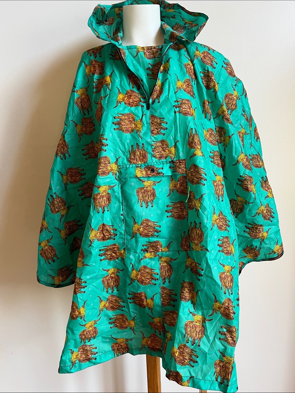eco chic highland cow packable rain jacket cape Teal Women's Cape-Style Jacket - Picture 3 of 9
